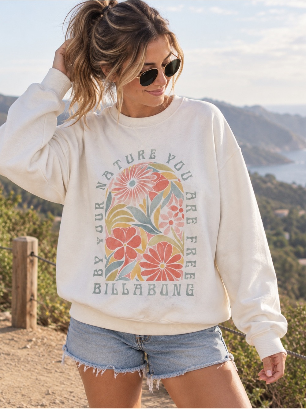 Billabong Women’s XL Floral Graphic Crewneck Sweatshirt Ivory